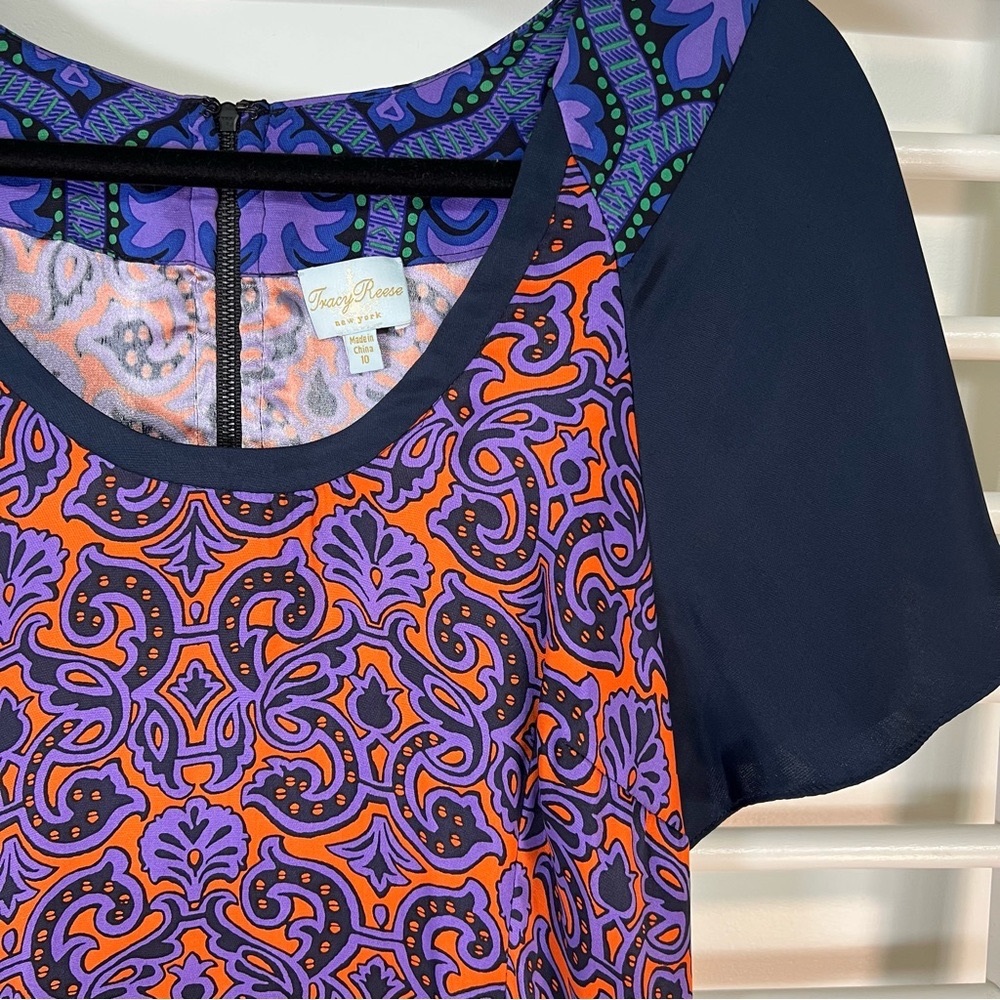 Tracy Reese Silk Blend Paisley Flutter-Sleeve Dress, Orange and Navy Size 10